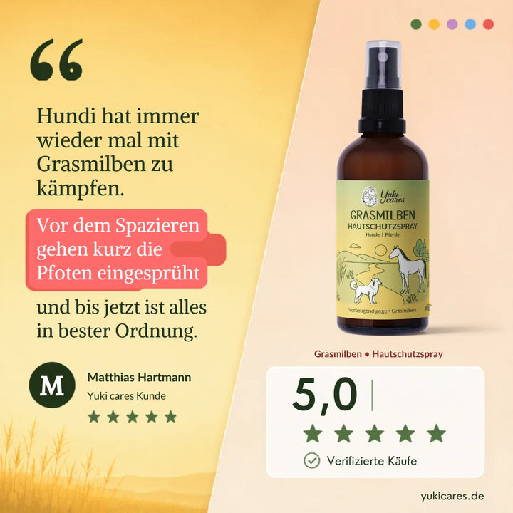 Das Yuki cares Grasmilben Hautschutzspray schützt Hunde vor Grasmilben und sorgt für gesunde Pfoten. | © Yuki cares