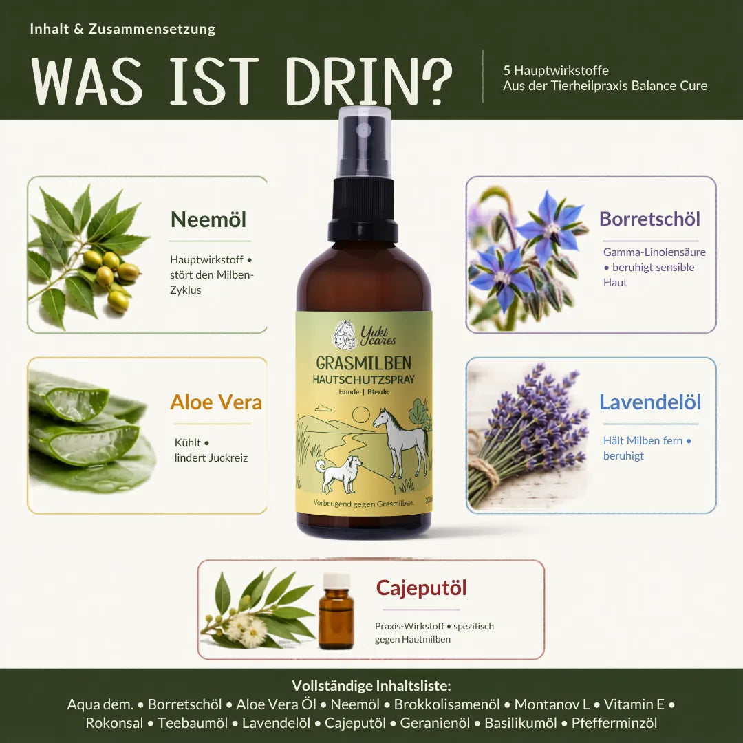 Grasmilben Hautschutzspray mit Neemöl, Aloe Vera und Lavendelöl schützt Hunde und Pferde effektiv vor Milben. | © Yuki Cares
