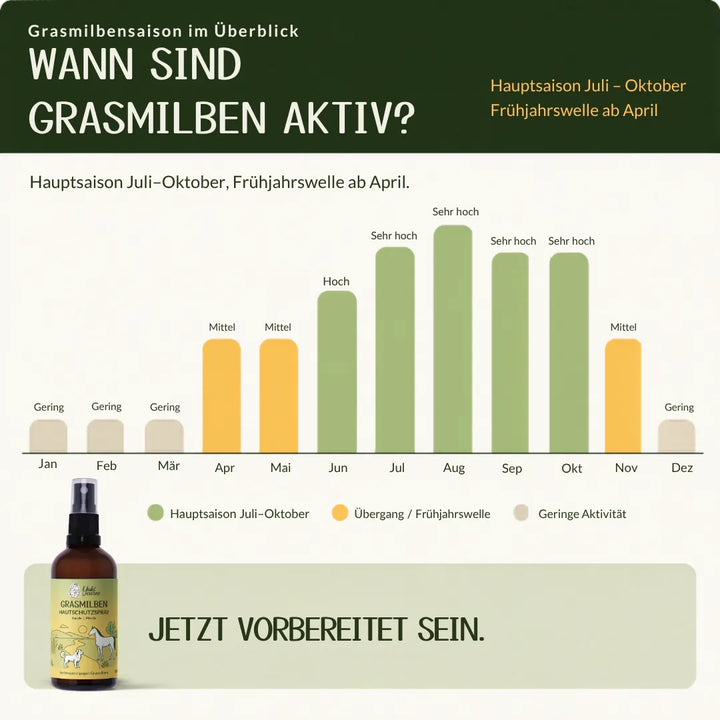 Grafik zeigt die Aktivitätsphasen von Grasmilben mit Schwerpunkt auf Hauptsaison und Frühjahrswelle. | 