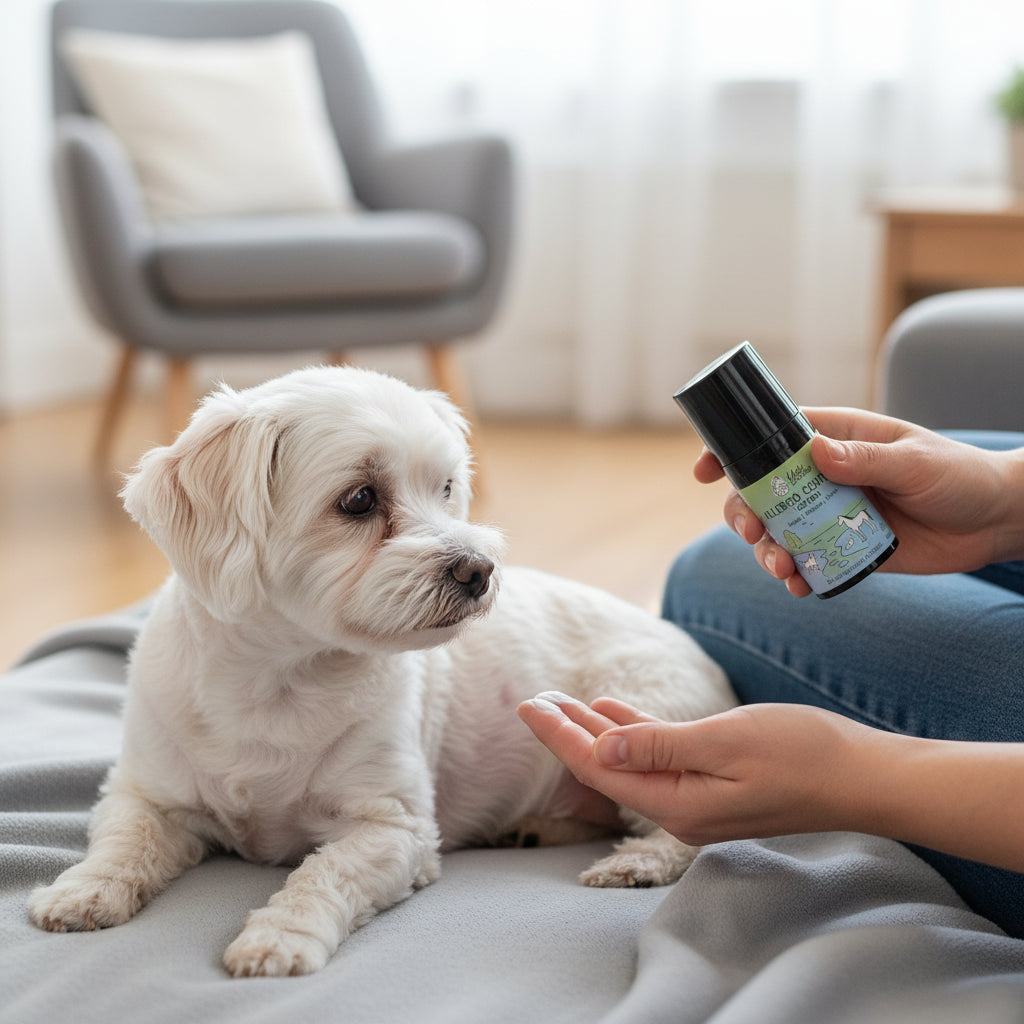 Ein kleiner weißer Hund sitzt auf dem Sofa, während eine Person ihm ein Pflegeprodukt zeigt.