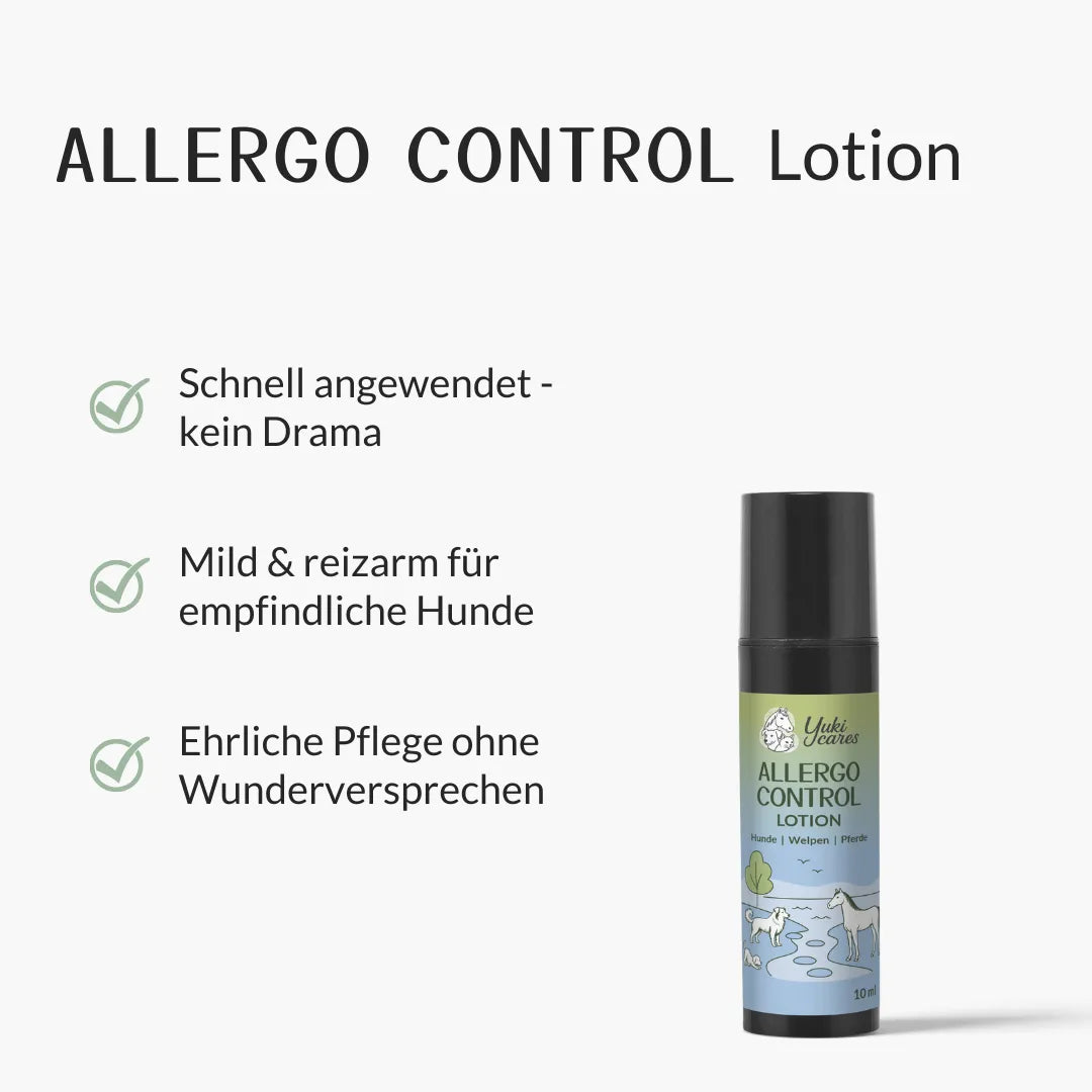 ALLERGO CONTROL Lotion für Hunde wird mit Versprechen schneller Anwendung und milder Pflege beworben.
