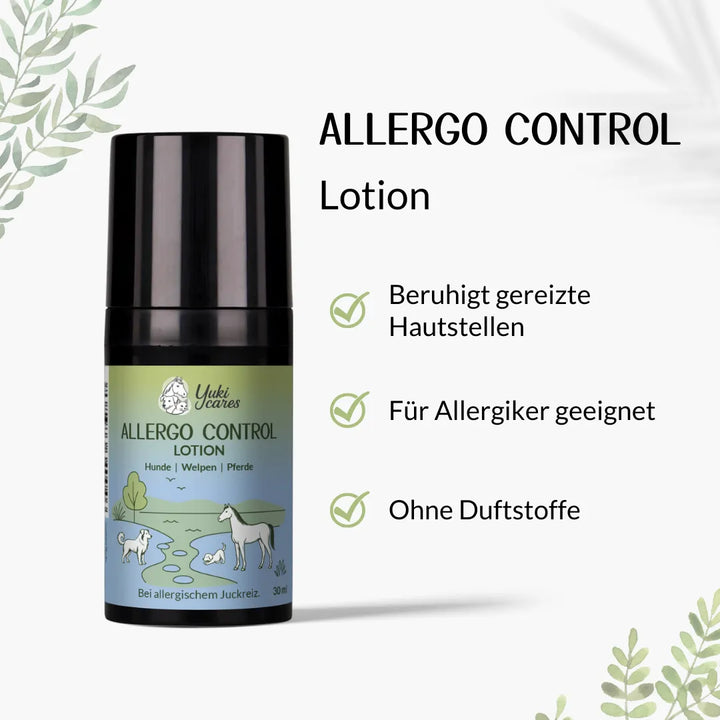 Allergo Control Lotion für Hunde, Welpen und Pferde mit beruhigenden Eigenschaften, geeignet für Allergiker, ohne Duftstoffe.