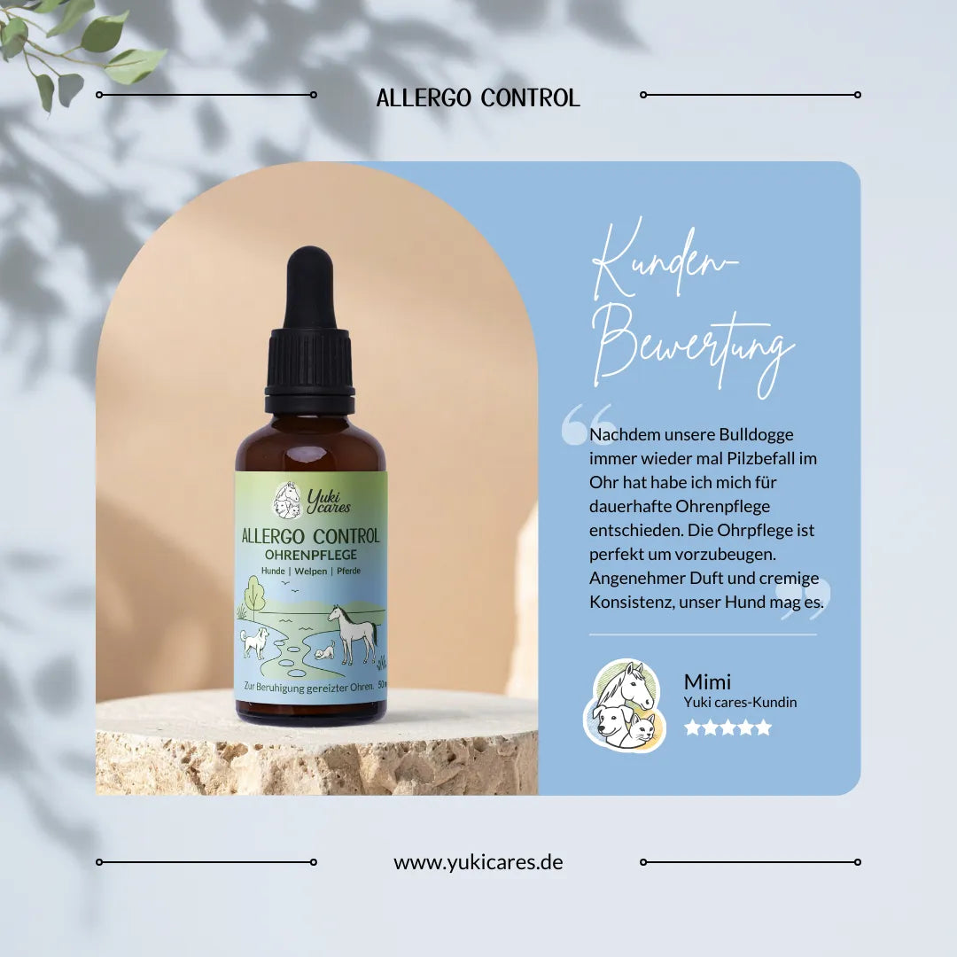 Eine Flasche "Allergo Control Ohrenpflege" steht auf einem Stein neben einer Kundenbewertung für Hundeohrenpflege.