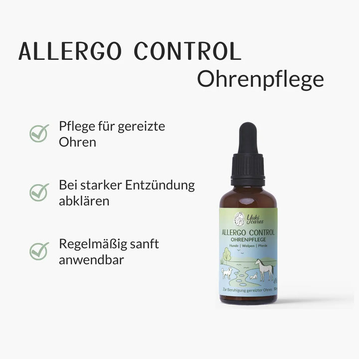 Eine Flasche Allergie-Ohrpflege mit Anwendungshinweisen für gereizte Ohren ist abgebildet.