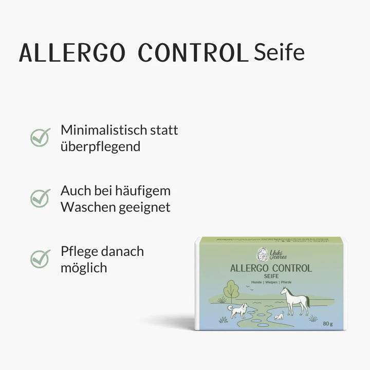 Die Abbildung zeigt eine Verpackung der Allergo Control Seife mit Vorteilen wie minimalistische Pflege und Eignung für häufiges Waschen.