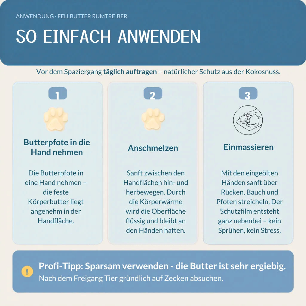 Die Anleitung beschreibt die Anwendung von Fellbutter für einen natürlichen Schutz vor Zecken.