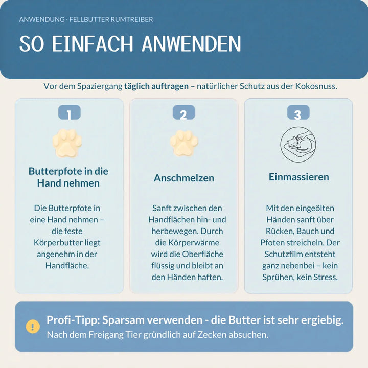 Die Anleitung beschreibt die Anwendung von Fellbutter für einen natürlichen Schutz vor Zecken.