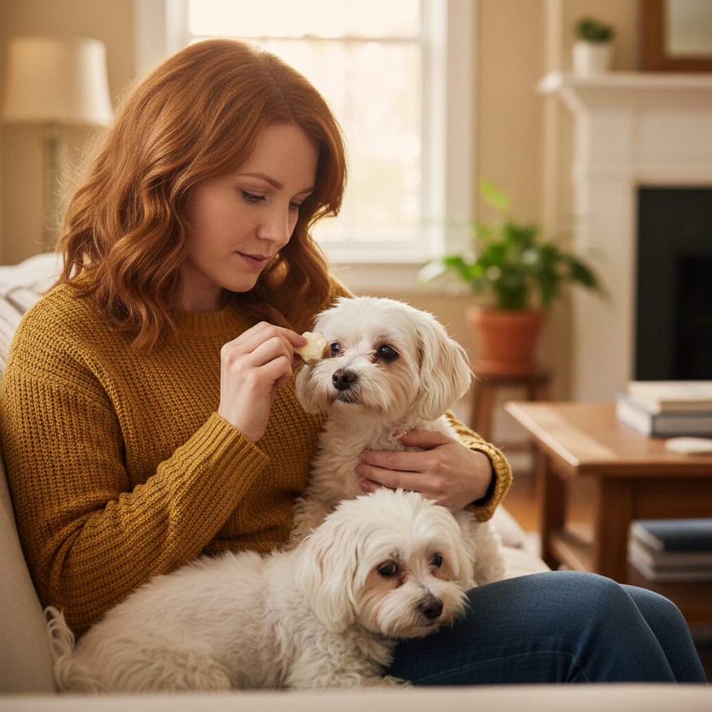 Eine Frau im gelben Pullover pflegt einen von zwei weißen Hunden auf ihrem Schoß in einem gemütlichen Wohnzimmer.
