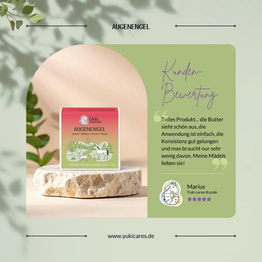 Ein Produkt namens "Augenengel" von Yuki Cares steht auf einem Stein, begleitet von einer positiven Kundenbewertung.