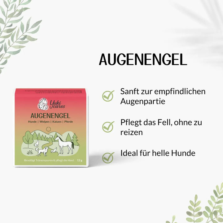 Die Verpackung des Augenengels zeigt Naturmotive und betont die sanfte Pflege für Tiere.
