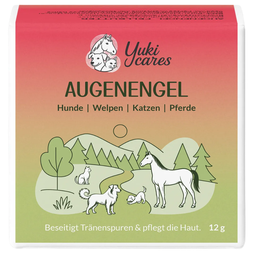 Eine Verpackung von Augengel für Tiere zeigt eine Illustration von Hund, Welpe, Katze und Pferd in einer Landschaft.