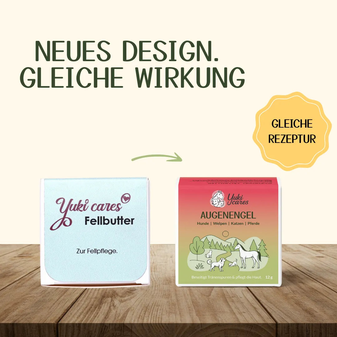 Zwei Produkte von Yuki Cares mit neuem Design und gleicher Rezeptur stehen auf einem Holztisch.