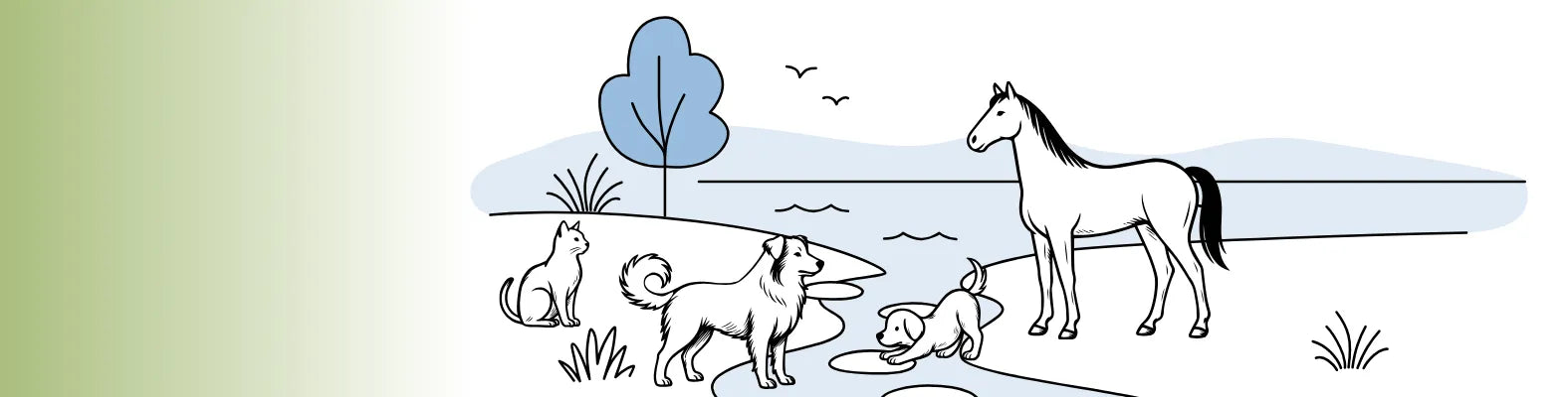 Ein Hund, ein Pferd, eine Katze und ein Welpe genießen einen ruhigen Tag am Flussufer unter einem Baum.