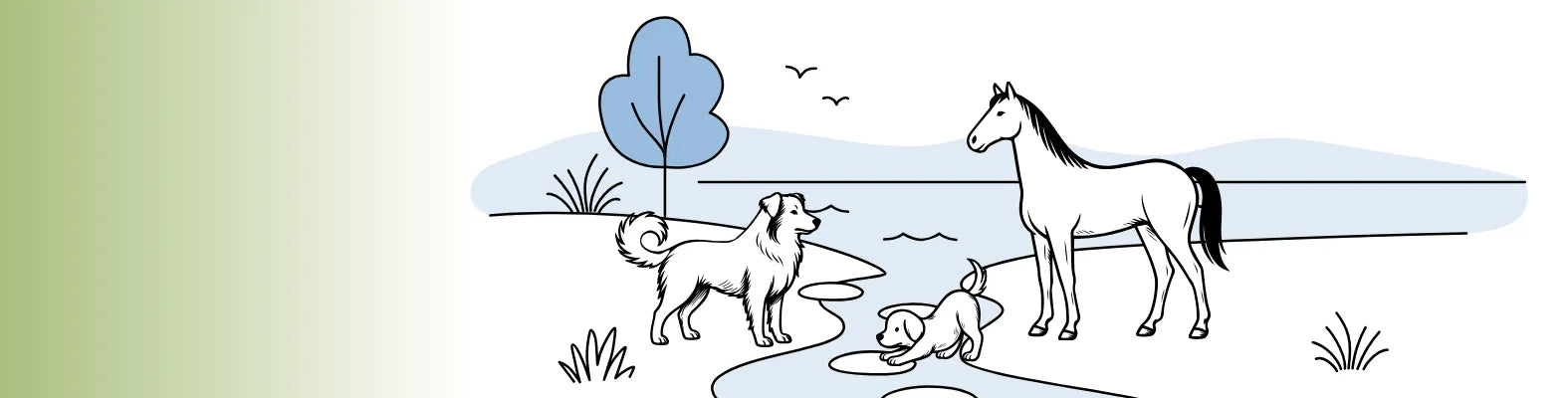 Ein Hund, ein Welpe und ein Pferd stehen in einer idyllischen Landschaft an einem Bach unter einem Baum.