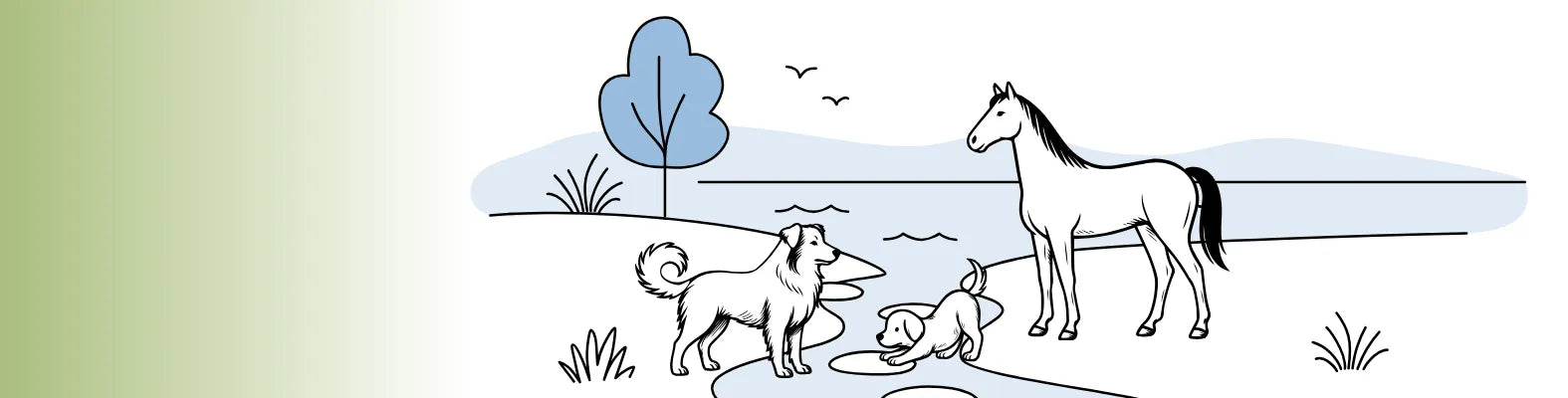 Ein Hund, ein Welpe und ein Pferd stehen an einem Flussufer, während Vögel im Hintergrund fliegen.