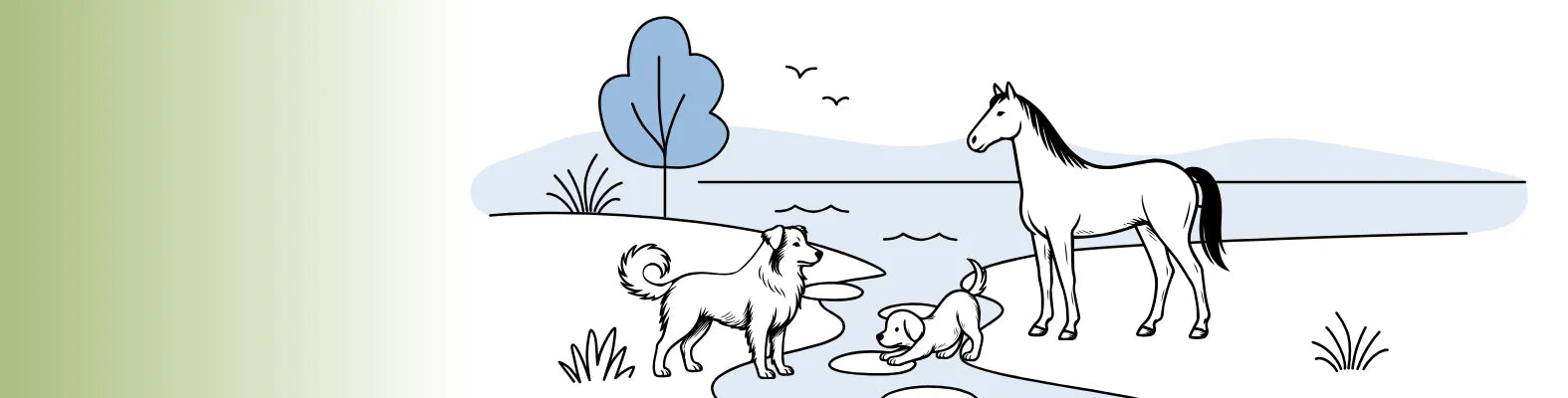 Ein Hund, ein Welpe und ein Pferd stehen am Ufer eines Sees, während Vögel am Himmel fliegen.