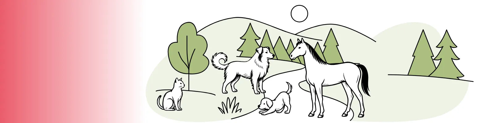 Ein Hund, ein Pferd, ein Welpe und eine Katze stehen auf einer Wiese vor einer Landschaft mit Bäumen und Hügeln.