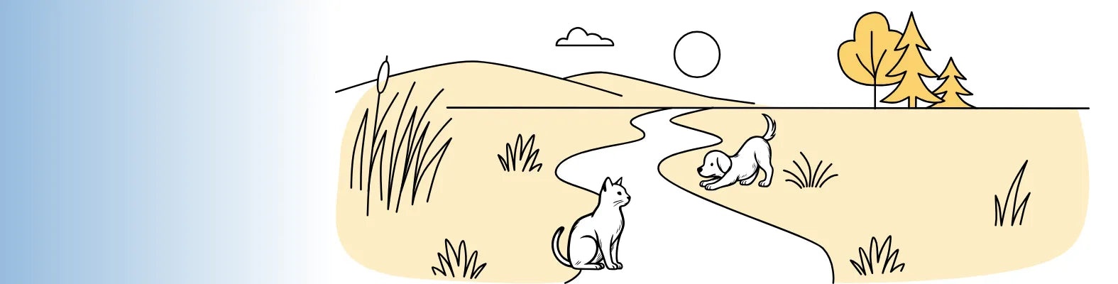 Ein Hund und eine Katze spielen auf einem Pfad in einer idyllischen Landschaft mit Hügeln und Bäumen.