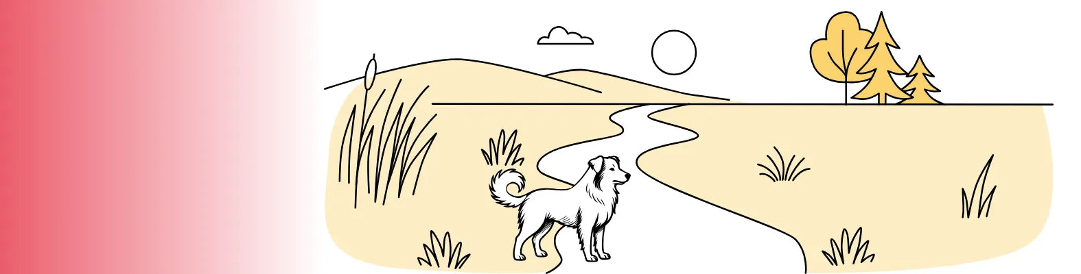 Ein Hund steht auf einem Pfad in einer minimalistischen Landschaft mit Hügeln, Bäumen und einem klaren Himmel.