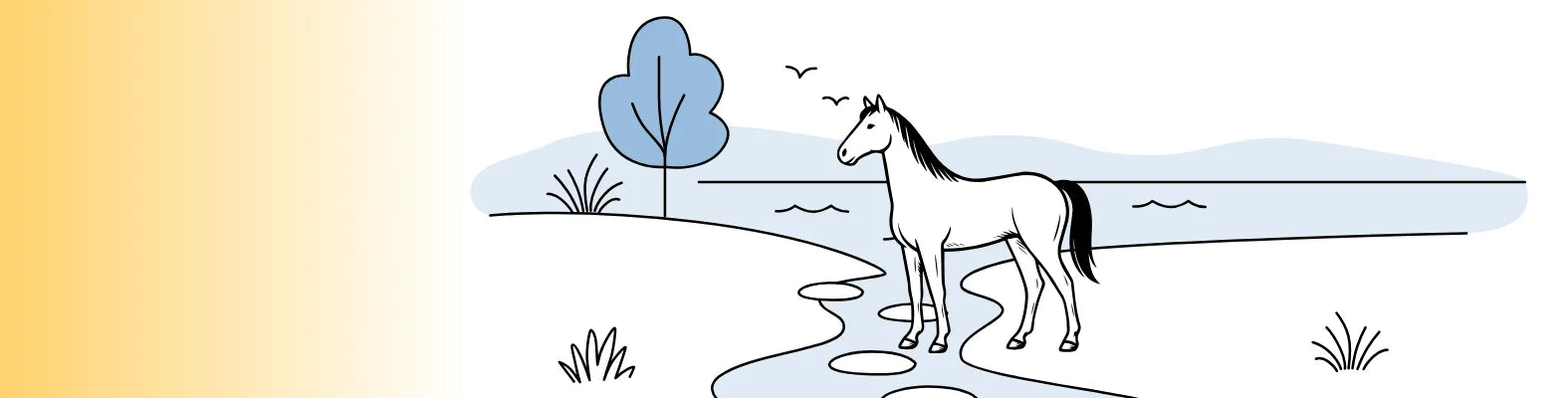 Ein gezeichnetes Pferd steht an einem Flussufer neben einem Baum, während Vögel im Himmel fliegen.