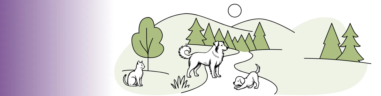 Eine Katze und zwei Hunde genießen einen sonnigen Tag in einer malerischen Landschaft mit Bäumen und Hügeln.