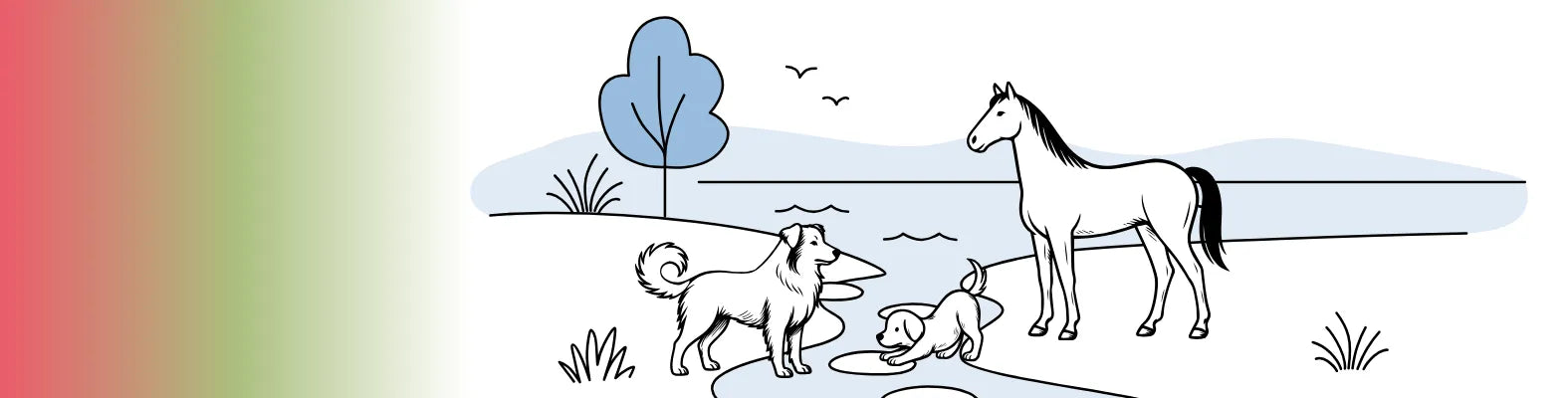 Ein Hund, ein Pferd und ein Welpe stehen an einem Flussufer, während der Welpe neugierig das Wasser untersucht.