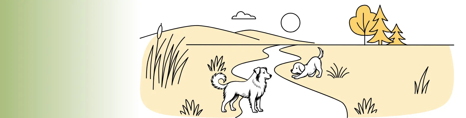 Zwei Hunde spielen auf einem gewundenen Weg in einer malerischen Landschaft mit Hügeln und Bäumen unter der Sonne.