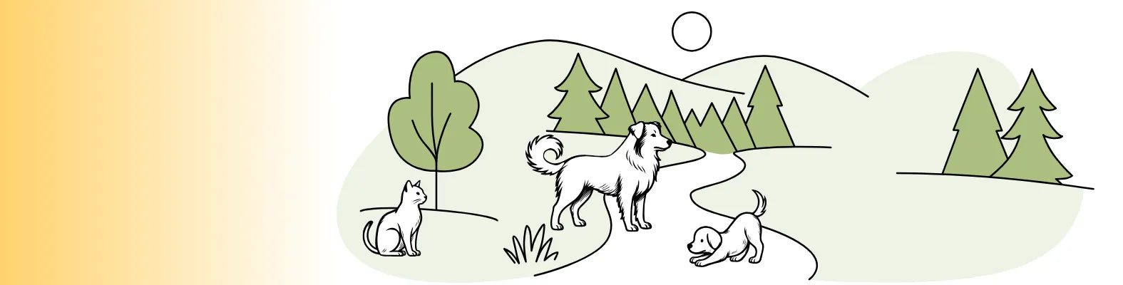 Eine Katze, ein großer Hund und ein Welpe spielen in einer grünen Landschaft mit Bäumen und Hügeln unter der Sonne.