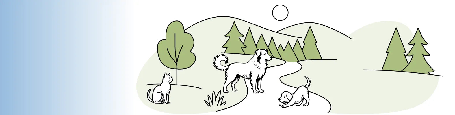 Eine Katze, ein stehender Hund und ein spielender Welpe sind in einer idyllischen Landschaft mit Bäumen und Hügeln zu sehen.