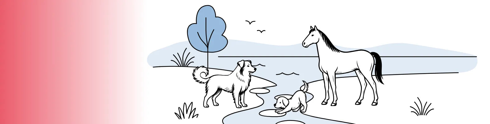 Ein Hund und ein Pferd stehen an einem Bach, während ein Welpe daraus trinkt, vor einem Baum und fliegenden Vögeln.