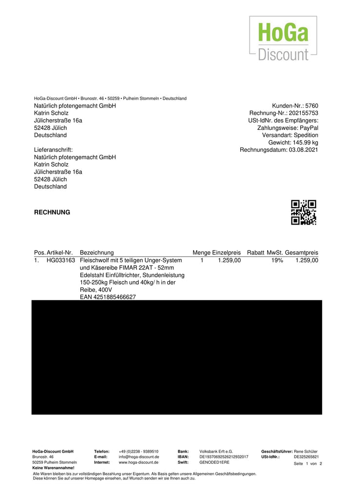 Fleischwolf Fimar 22AT mit Unger-System und Käsereibe – unbenutzt, Baujahr 2021