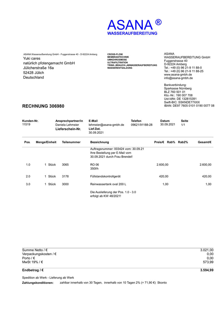 ASANA RO 06 Umkehrosmoseanlage 350 l/h mit 200-Liter-Tank – nie in Betrieb, Baujahr 2021