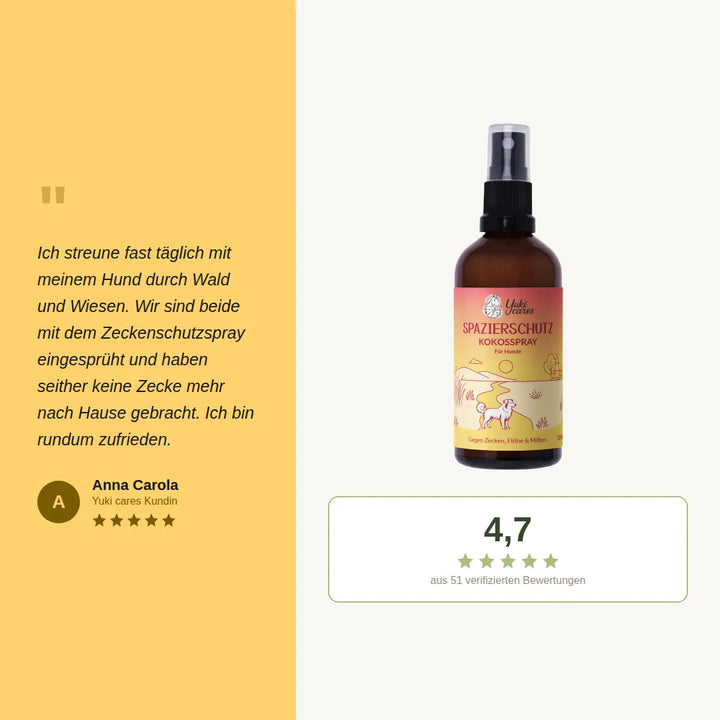 Das Bild zeigt ein Kokosspray für Hunde, das als Zeckenschutz dient und positive Bewertungen erhält.