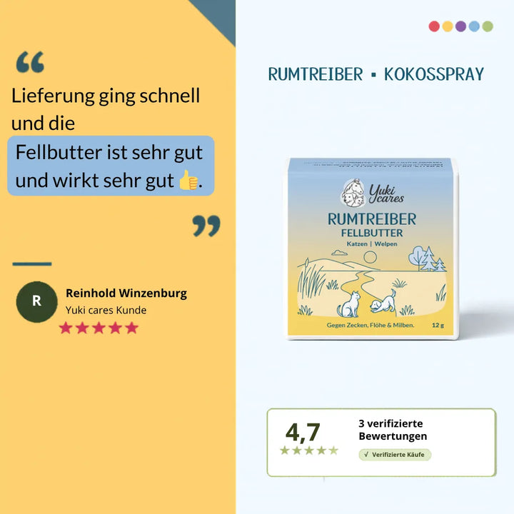 Yuki cares Fellbutter für Katzen und Welpen erhält positive Bewertungen für schnelle Lieferung und Wirksamkeit. | © Yuki cares