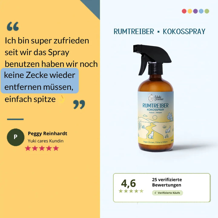 Kokosspray Rumtreiber bietet effektiven Schutz gegen Zecken, mit positiver Kundenbewertung von Peggy Reinhardt.