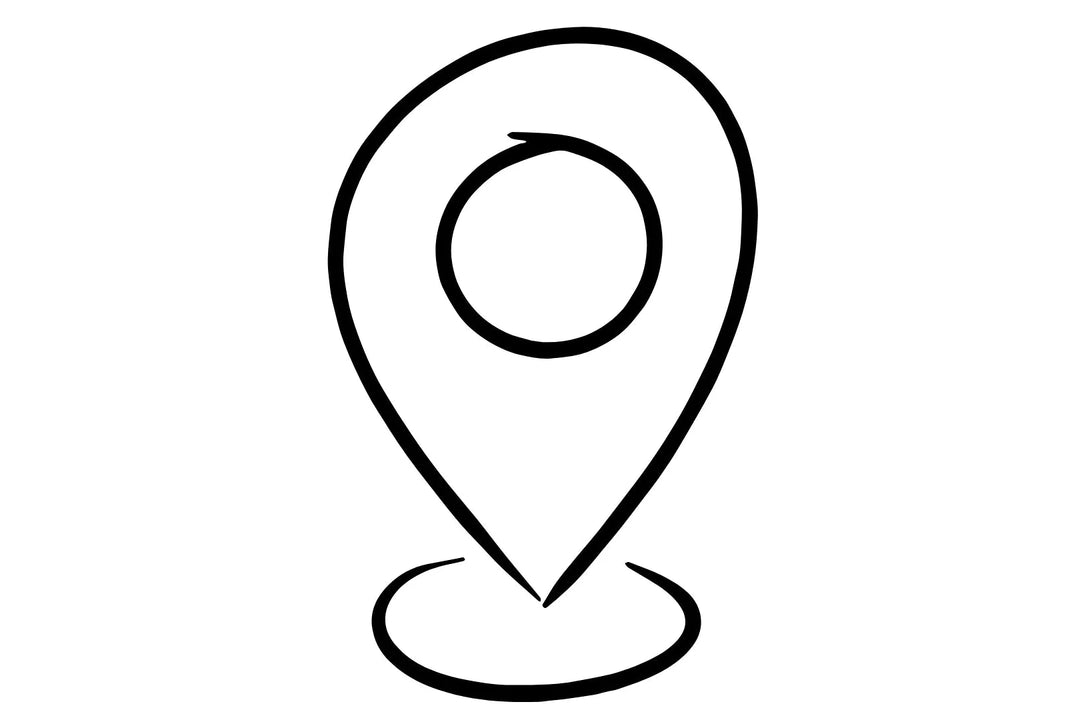 Ein schwarzes, minimalistisches Kartensymbol auf weißem Hintergrund zeigt einen Standortmarker.