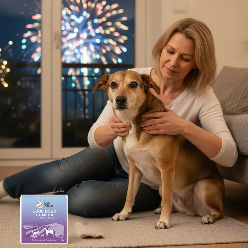 Eine Frau beruhigt ihren Hund während eines Feuerwerks, mit Cool Down Fellbutter im Vordergrund für Entspannung.