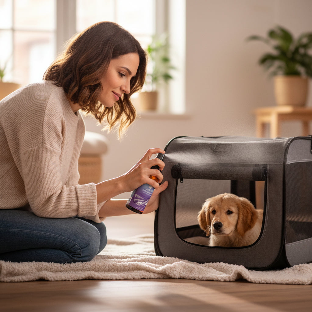 Eine Frau sprüht ein Spray auf eine Hundebox, in der ein Welpe sitzt, während sie auf einem Teppich in einem gemütlichen Raum kniet.