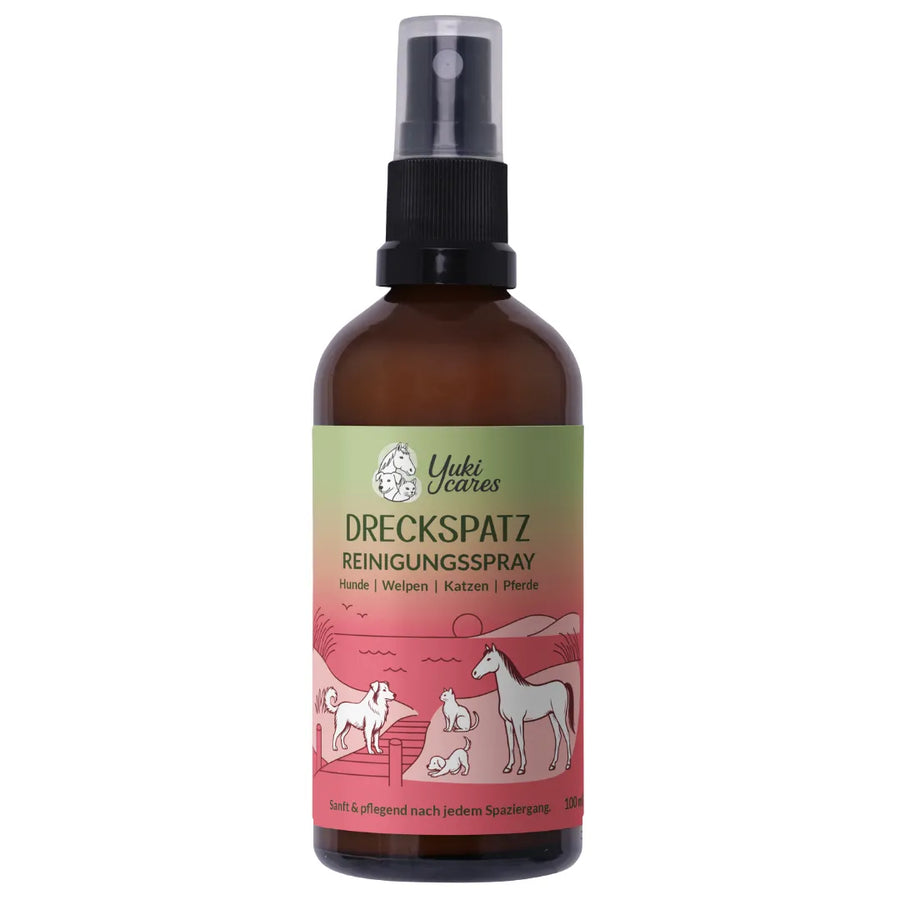 Braune Sprühflasche mit Etikett für "Dreckspatz Reinigungsspray" zeigt Illustrationen von Tieren wie Hund, Katze und Pferd.