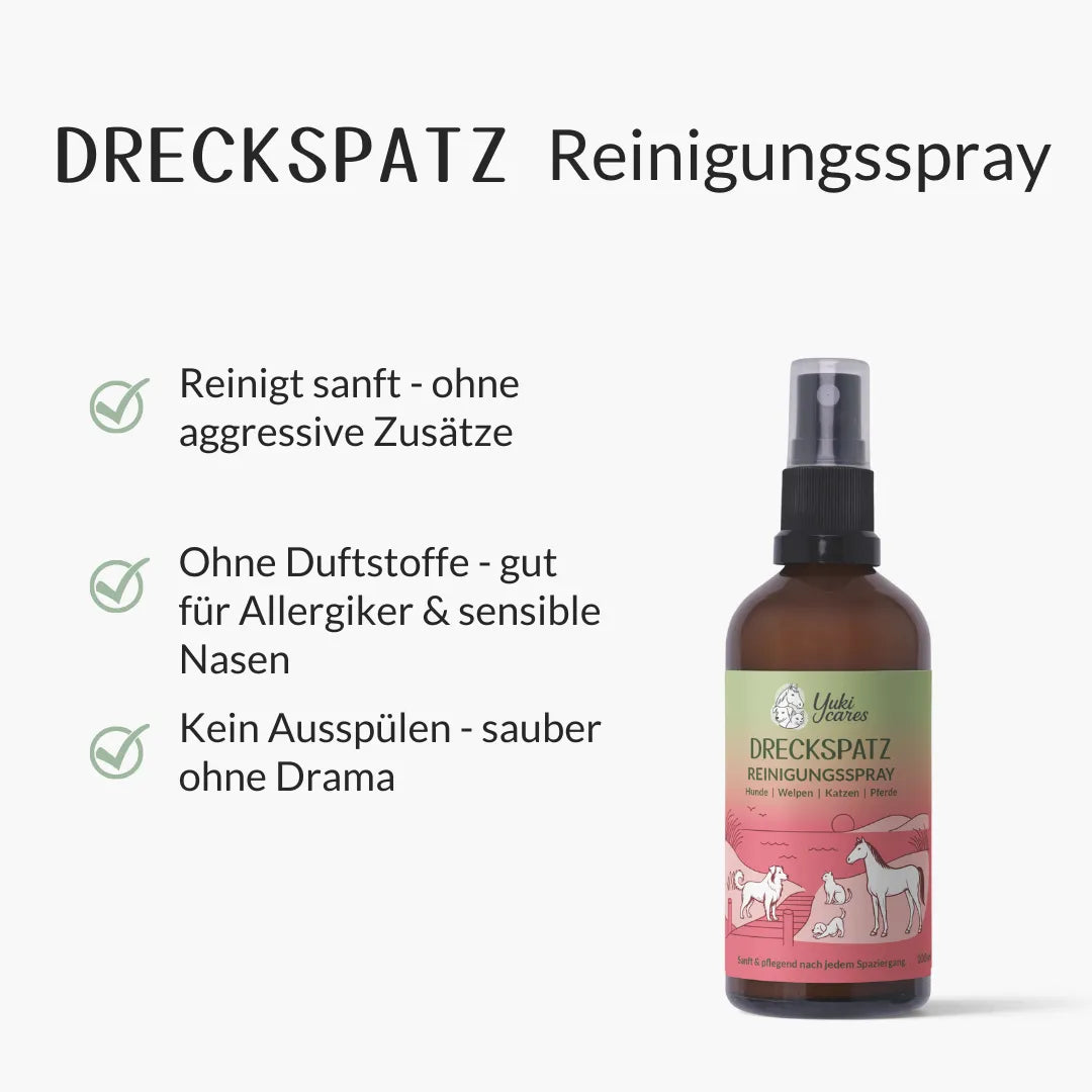 Dreckspatz Reinigungsspray-Flasche mit Vorteilen für sanfte, duftstofffreie Reinigung und einfache Anwendung illustriert.
