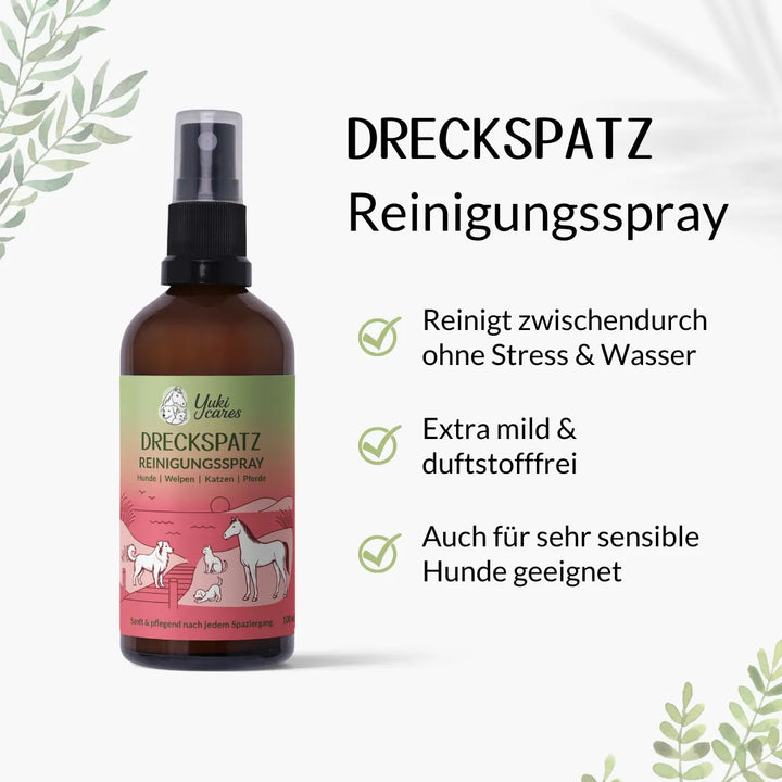 Dreckspatz Reinigungsspray-Flasche mit Text über ihre stressfreie, milde und duftstofffreie Anwendung für sensible Hunde.