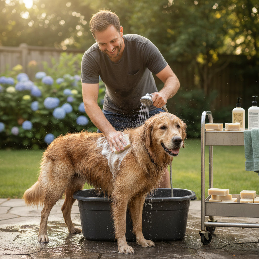 Ein Mann wäscht lachend einen Golden Retriever im Garten, während Seifen und Handtücher auf einem Tisch stehen.