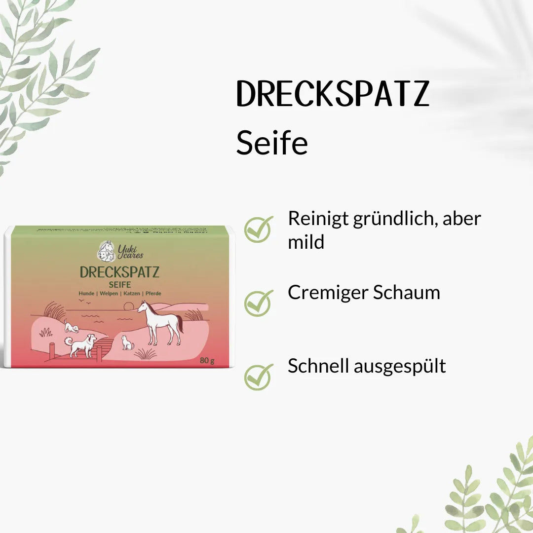 Die Verpackung der Dreckspatz-Seife zeigt Tiere und verspricht gründliche, milde Reinigung mit cremigem Schaum.