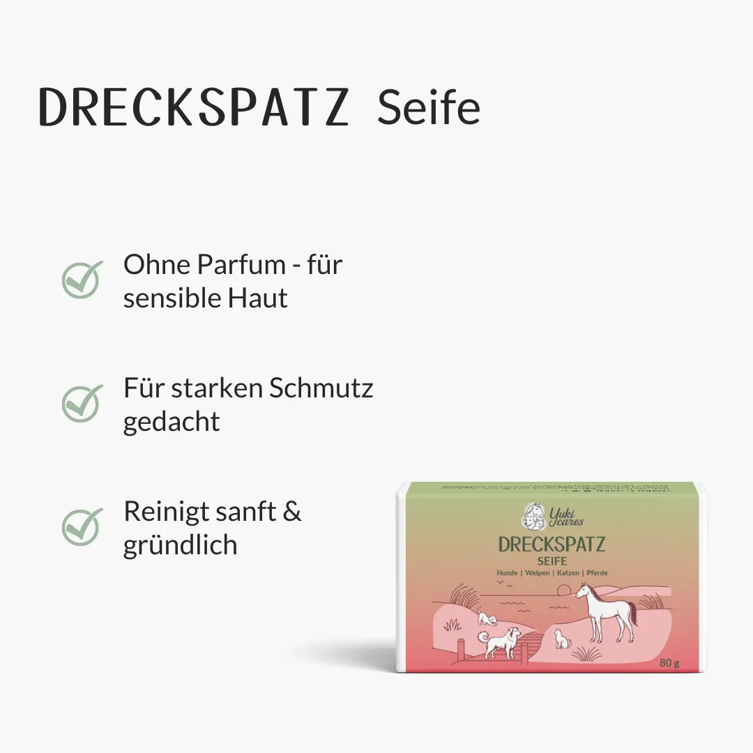 Die Dreckspatz Seife ist für sensible Haut, entfernt starken Schmutz sanft und gründlich, ideal für Tiere.