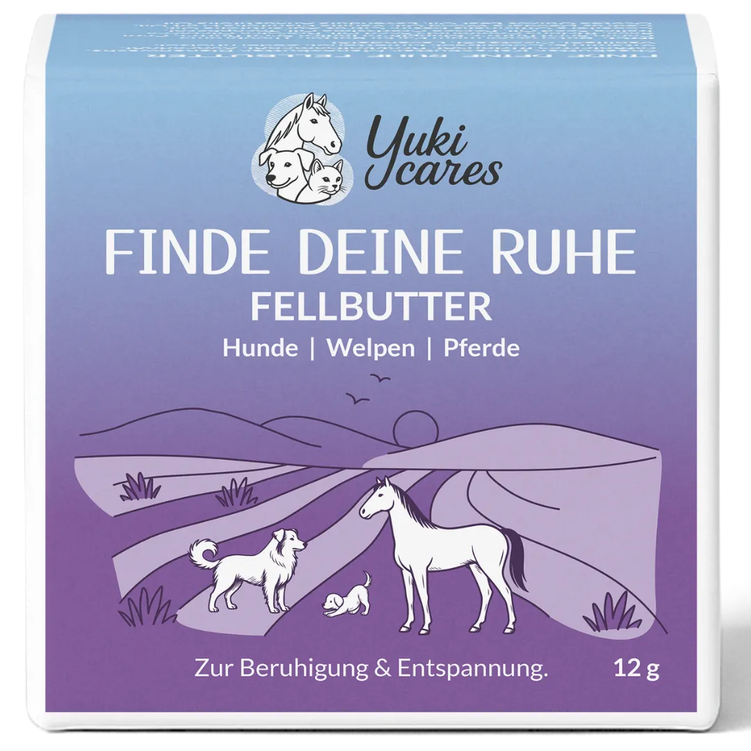 Die Verpackung zeigt Fellbutter mit illustrativen Tieren und dem Slogan "Finde deine Ruhe" für Hunde, Welpen und Pferde.