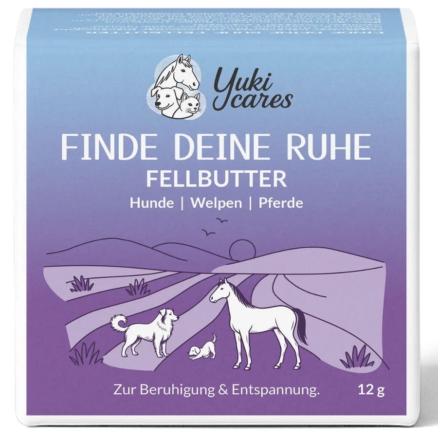 Die Verpackung zeigt Fellbutter mit illustrativen Tieren und dem Slogan "Finde deine Ruhe" für Hunde, Welpen und Pferde.