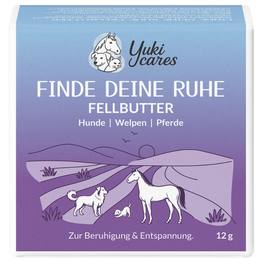 Die Verpackung zeigt Fellbutter mit illustrativen Tieren und dem Slogan "Finde deine Ruhe" für Hunde, Welpen und Pferde.