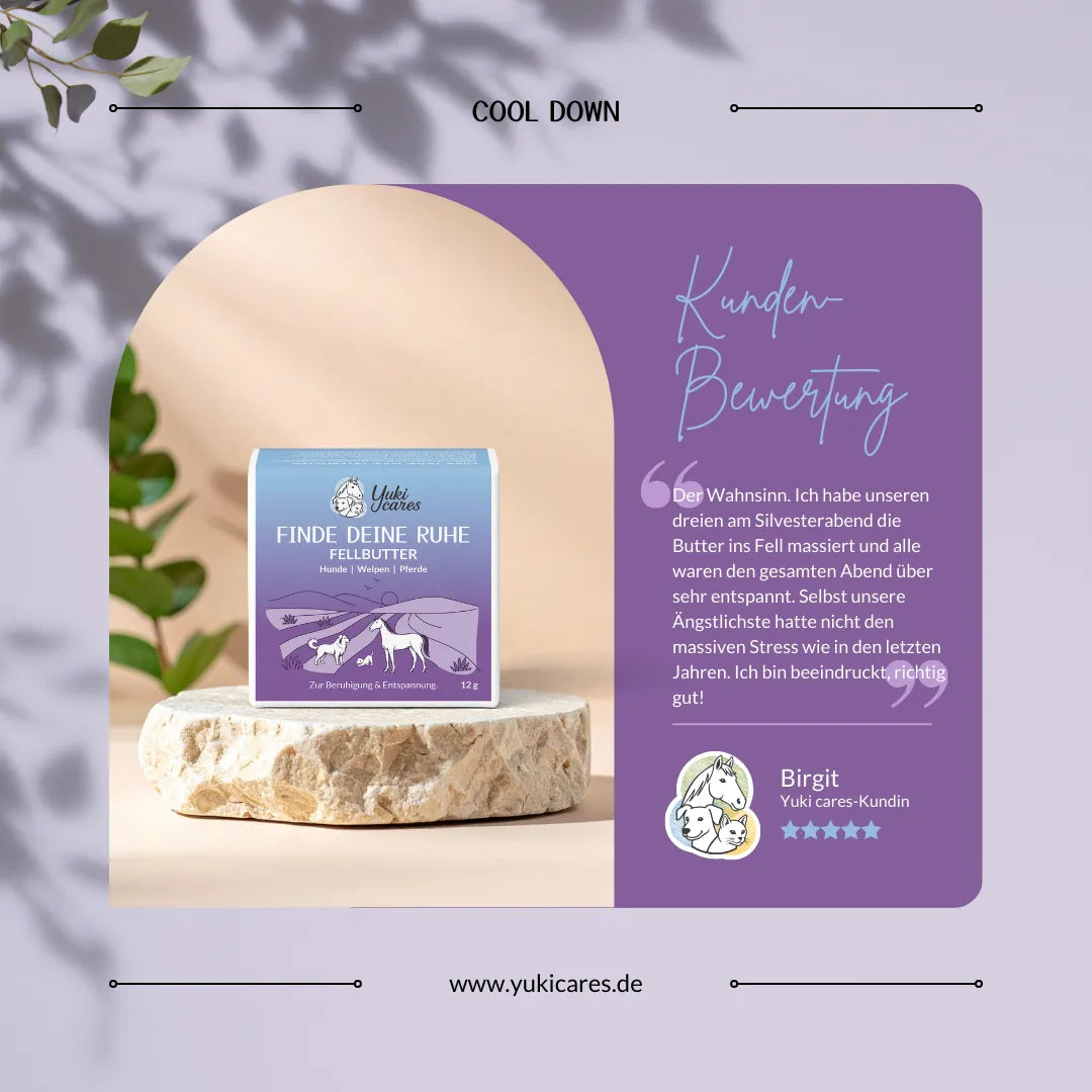 Eine Packung "Finde Deine Ruhe Fellbutter" steht auf einem Stein, begleitet von einer Kundenbewertung und Pflanzen.