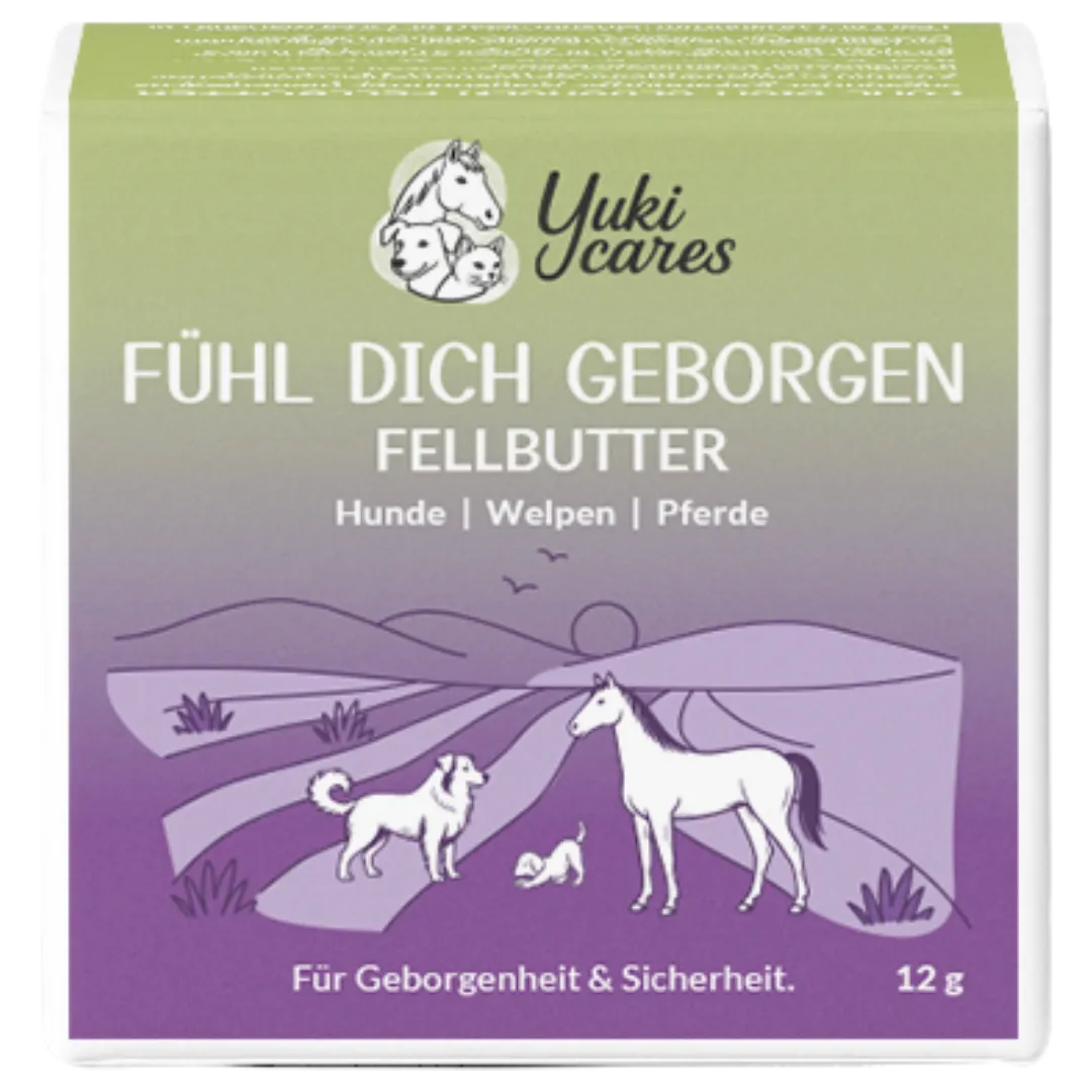 Eine Packung Fellbutter von Yuki Cares zeigt Illustrationen eines Hundes, Welpen und Pferdes in natürlicher Umgebung.