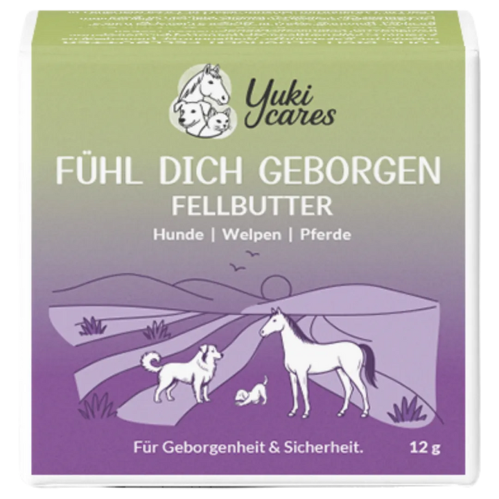 Eine Packung Fellbutter von Yuki Cares zeigt Illustrationen eines Hundes, Welpen und Pferdes in natürlicher Umgebung.